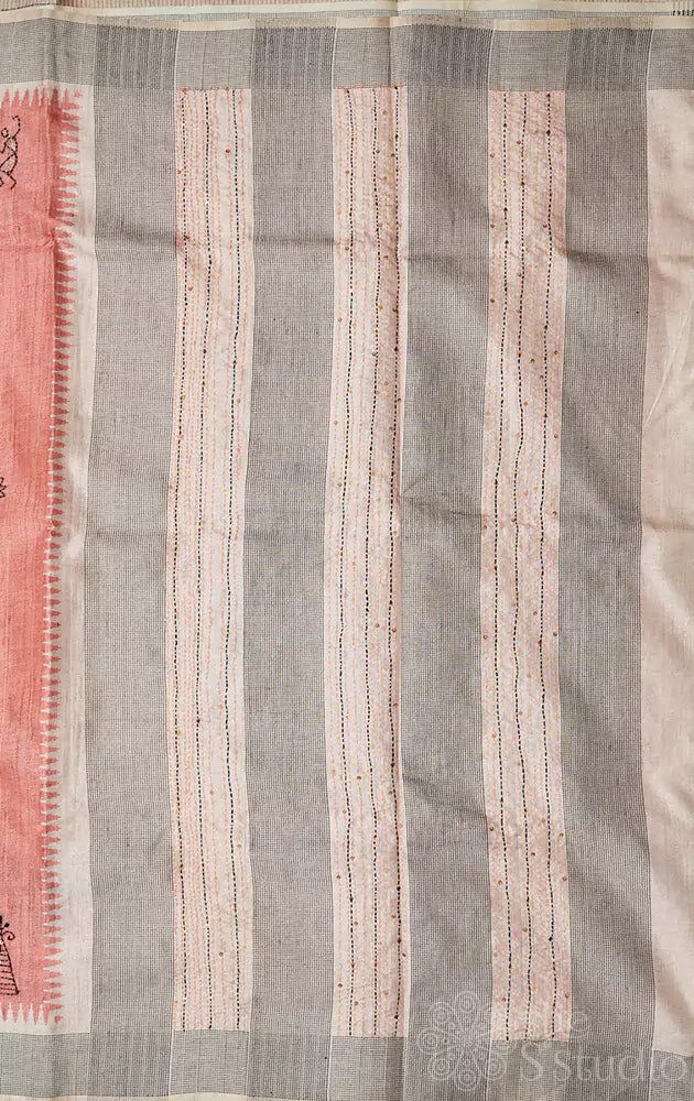 Peach semi tussar saree with beige border and embroidery