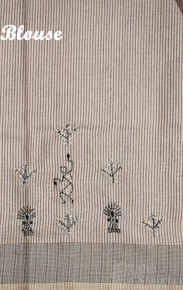 Peach semi tussar saree with beige border and embroidery