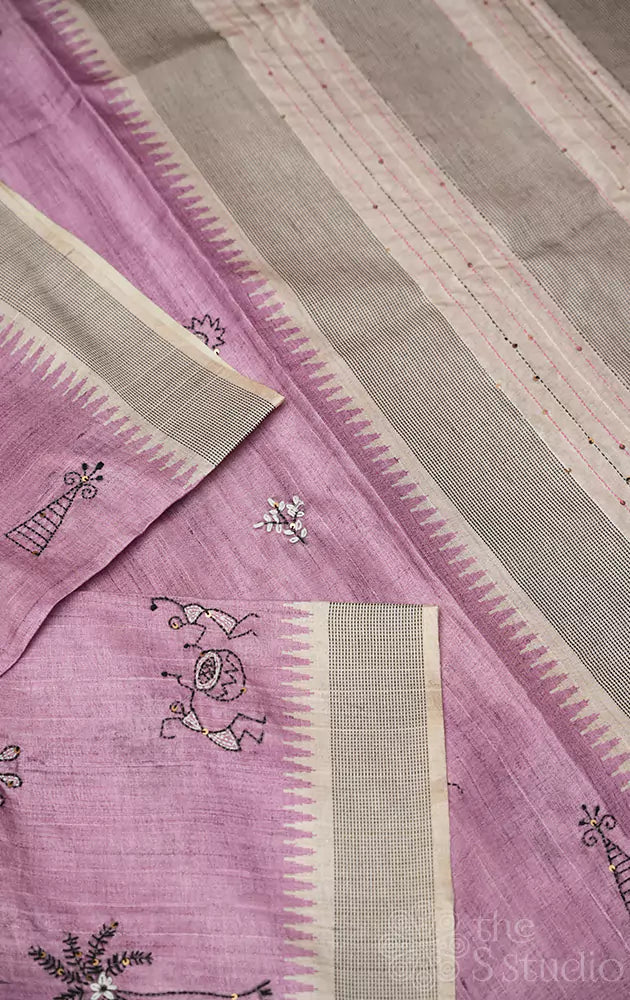 Lavender semi tussar saree with embroidery