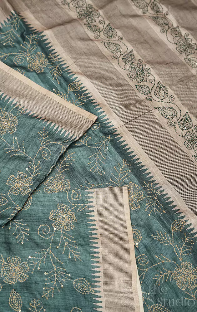 Teal semi tussar saree with floral embroidery