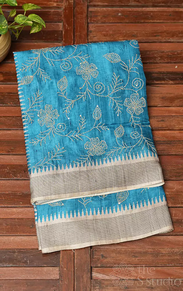 Blue semi tussar saree with temple border and embroidery