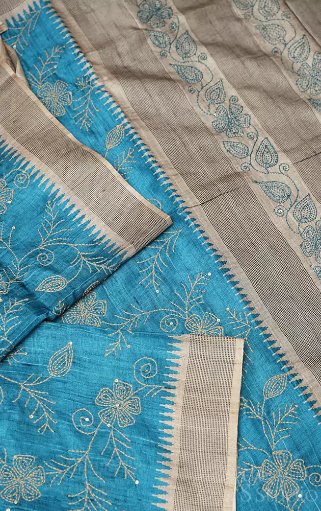 Blue semi tussar saree with temple border and embroidery