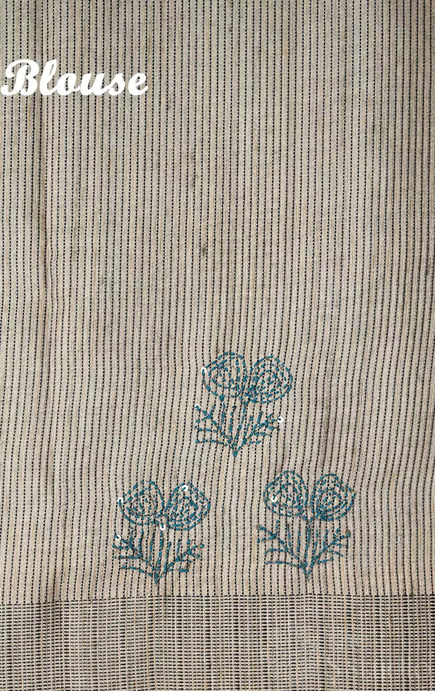 Blue semi tussar saree with temple border and embroidery