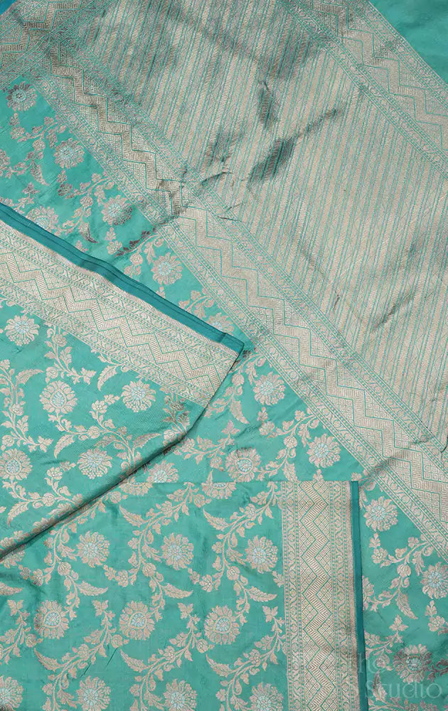 Sea blue handloom banarasi katan silk saree with floral zari weave