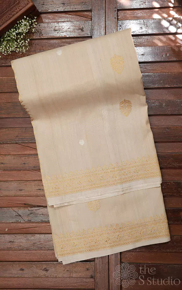 Beige handloom tussar banarasi silk saree with zari weaving