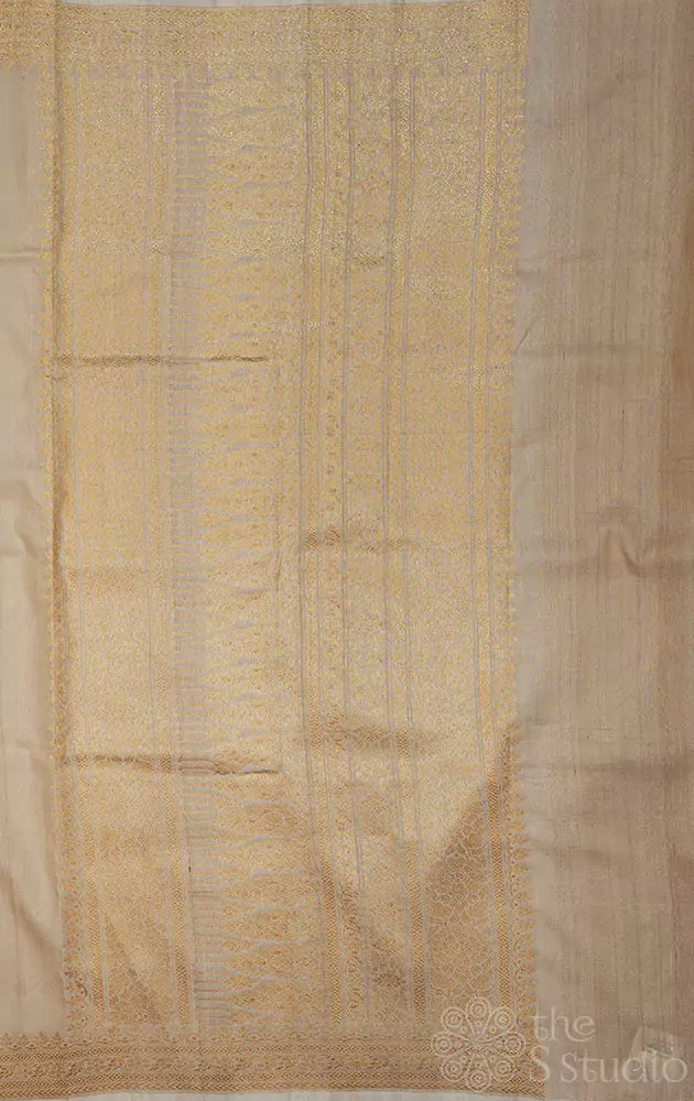 Beige handloom tussar banarasi silk saree with zari weaving