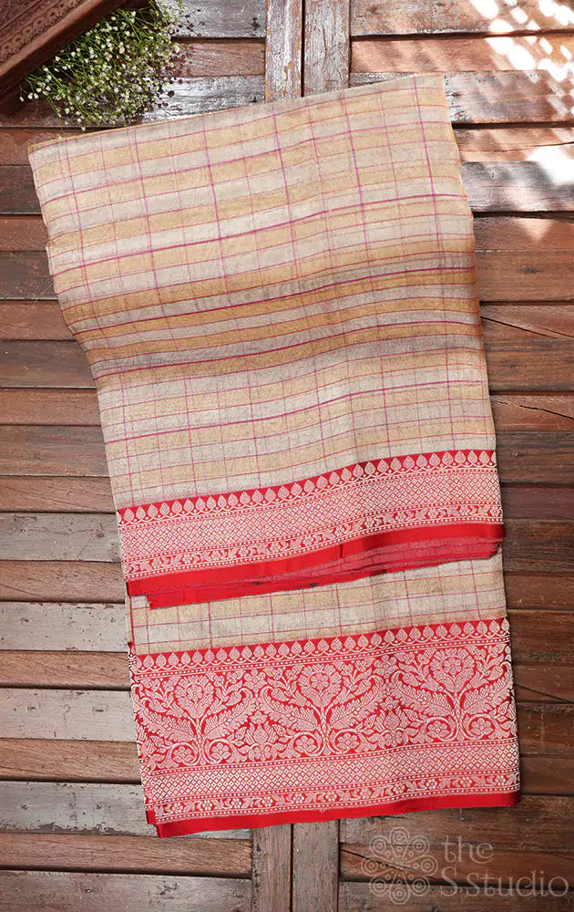 Beige checked banarasi tissue silk saree with red border