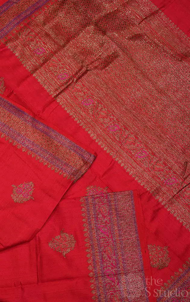 Red handloom raw silk banarasi saree with antique zari border