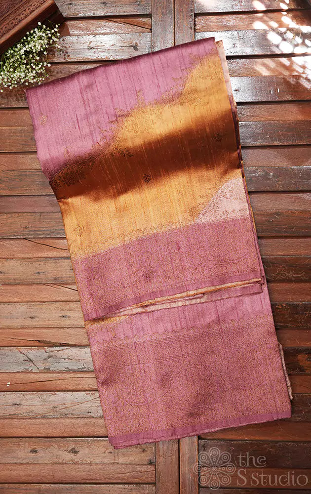 Mustard and onion pink rangkaat design handwoven raw silk banarasi silk saree
