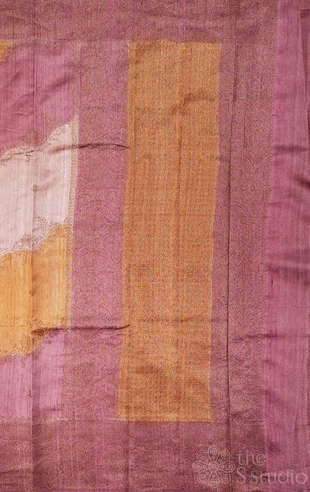 Mustard and onion pink rangkaat design handwoven raw silk banarasi silk saree