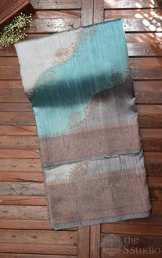 Grey and light blue rangkaat design handloom raw silk banarasi silk saree