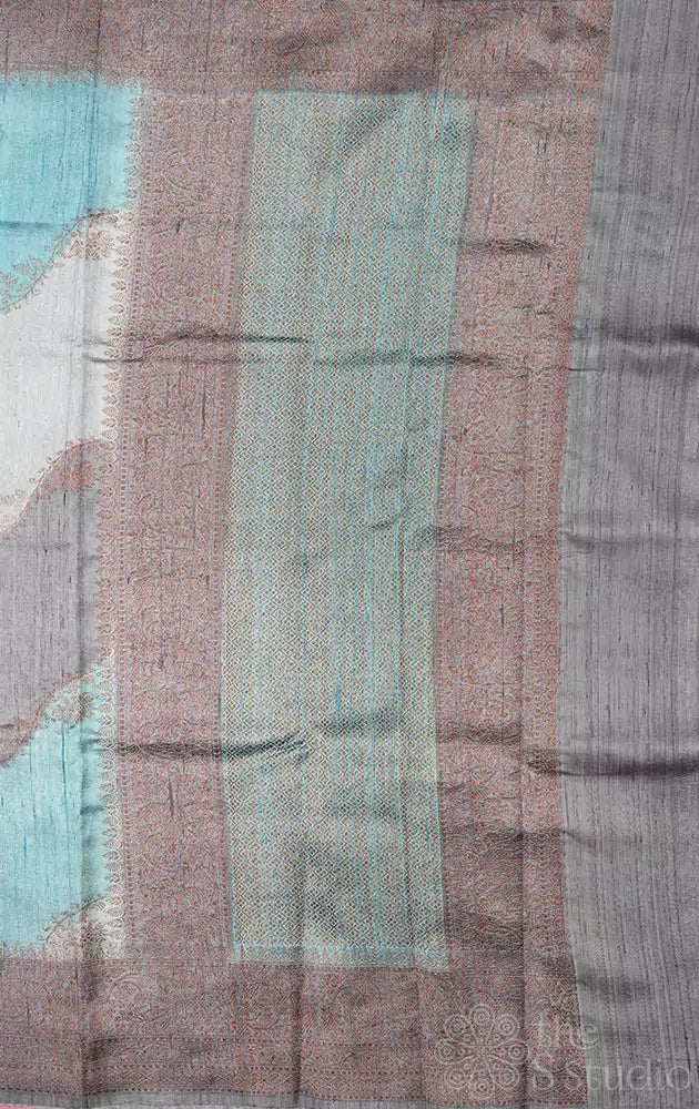 Grey and light blue rangkaat design handloom raw silk banarasi silk saree