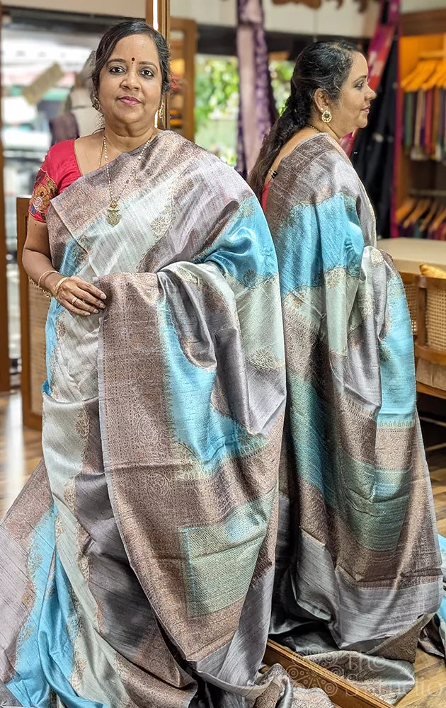 Grey and light blue rangkaat design handloom raw silk banarasi silk saree