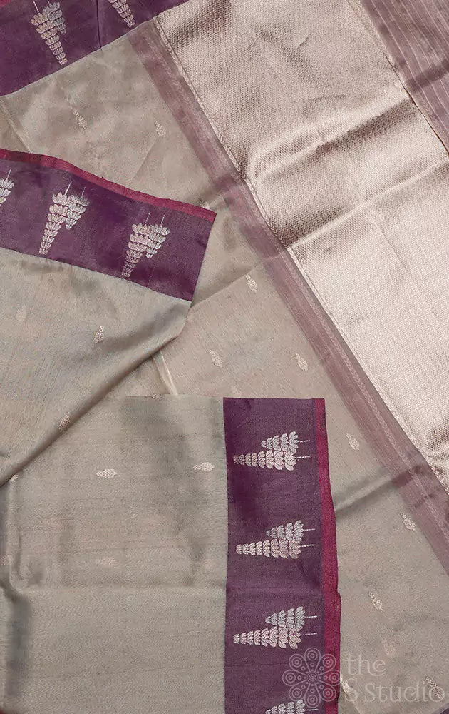 Grey banarasi tissue silk saree with purple border