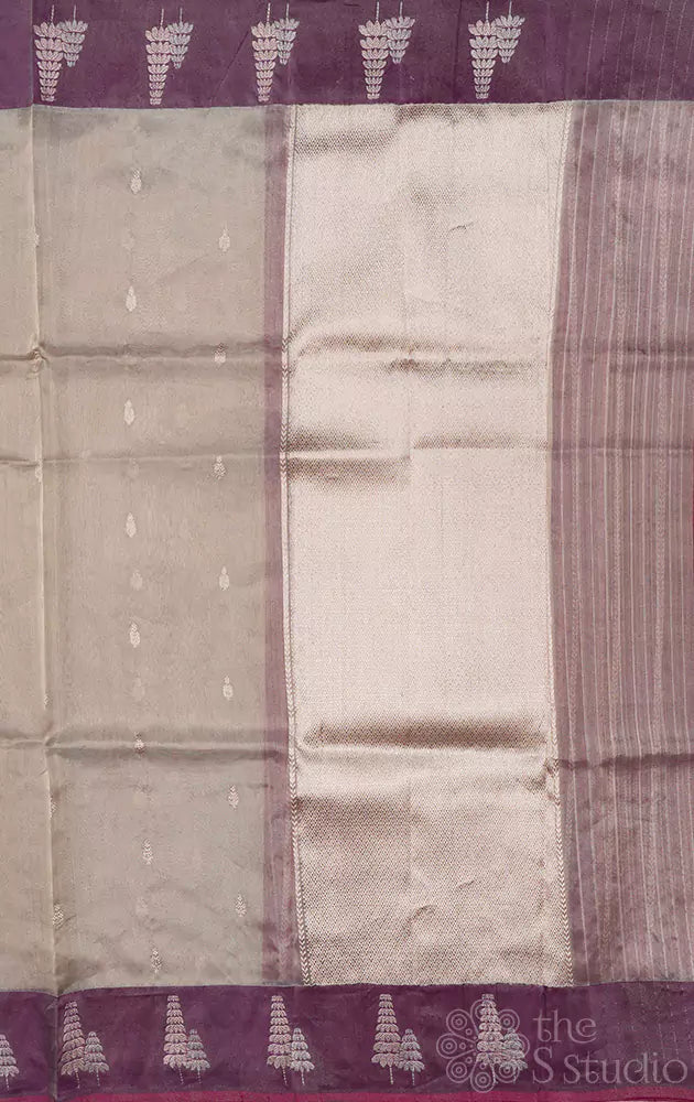 Grey banarasi tissue silk saree with purple border