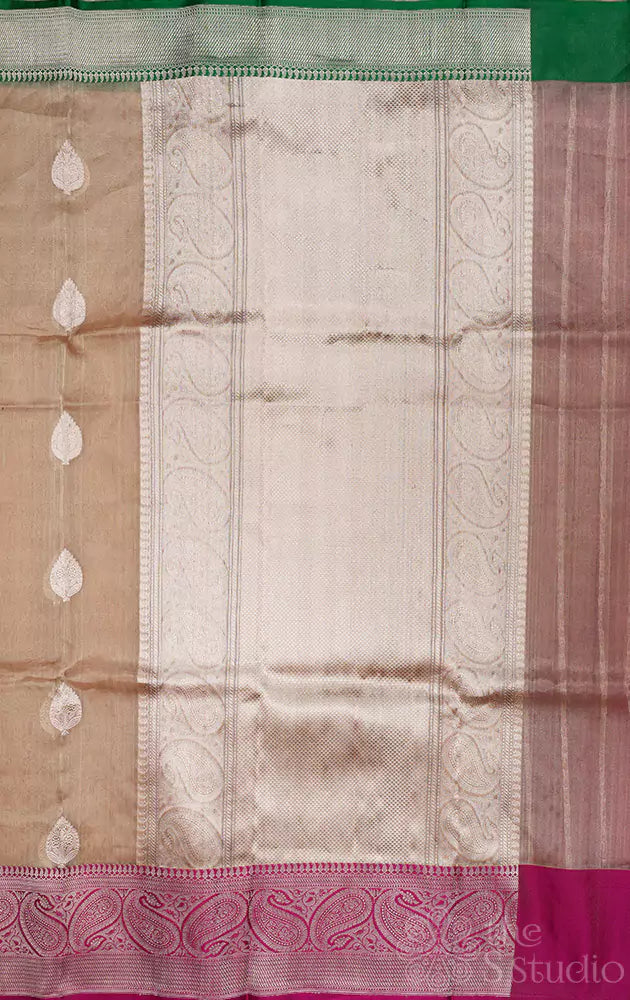 Beige banarasi tissue silk saree with ganga jamuna border