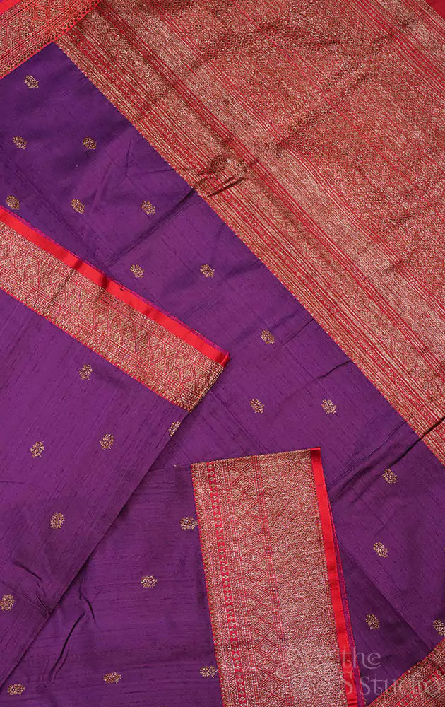 Violet handwoven raw silk banarasi saree with contrast red border