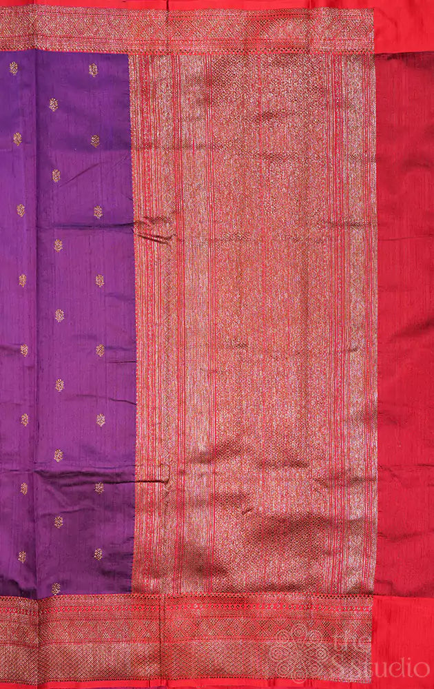 Violet handwoven raw silk banarasi saree with contrast red border