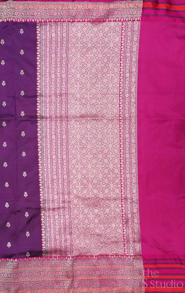 Purple katan banarasi silk saree with magenta silver zari border