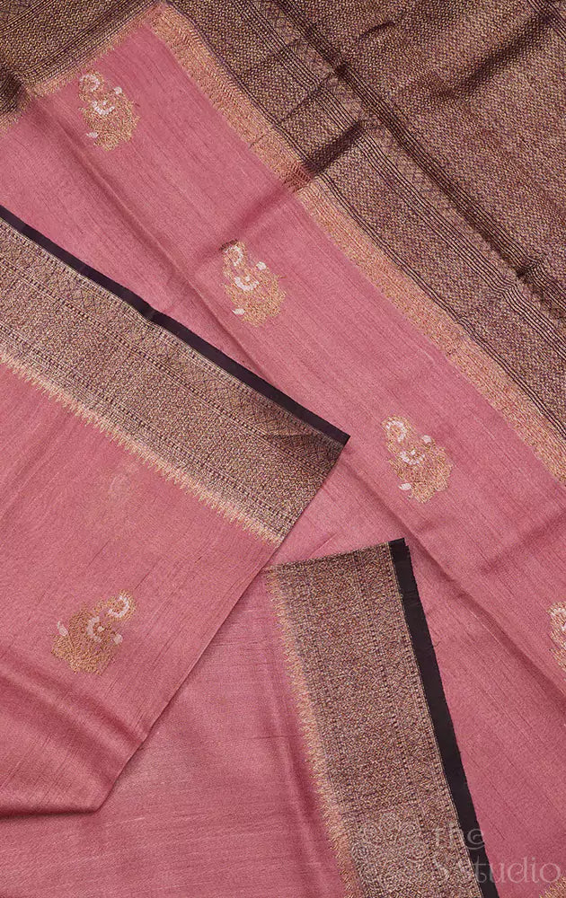 Salmon pink tussar banarasi silk saree with brown border