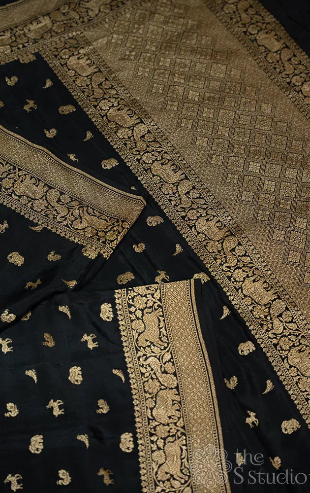 Black crepe banarasi silk saree with antique zari buttas and border