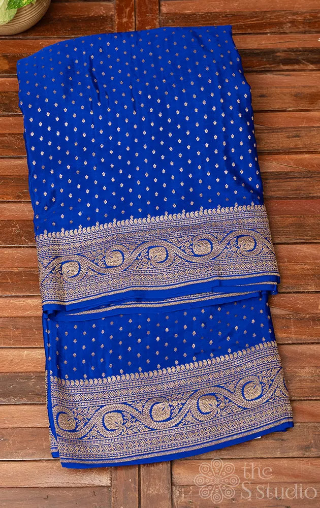 Royal blue crepe banarasi silk saree with antique zari border