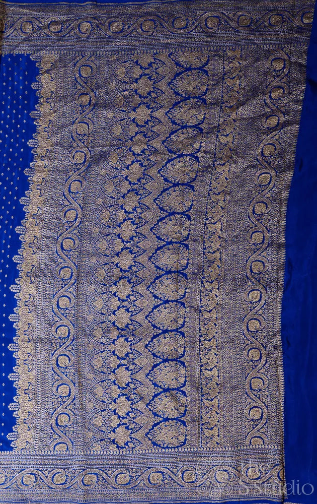 Royal blue crepe banarasi silk saree with antique zari border
