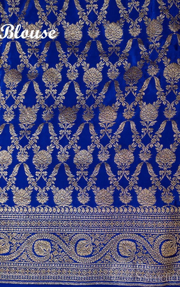 Royal blue crepe banarasi silk saree with antique zari border