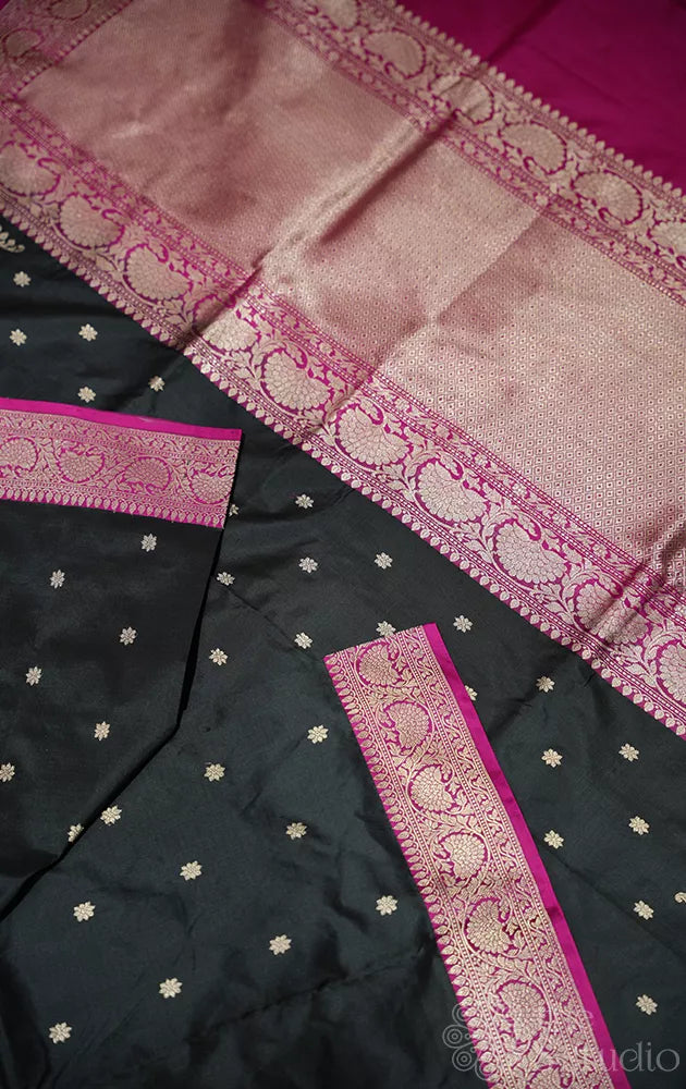 Black katan banarasi silk saree with rani pink border