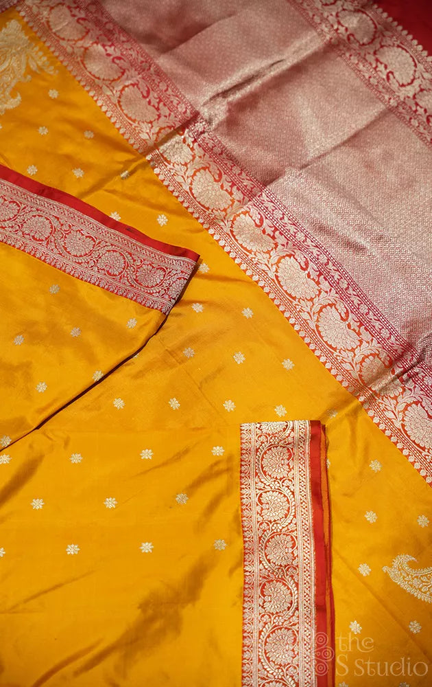 Mango yellow katan banarasi silk saree with small zari buttas
