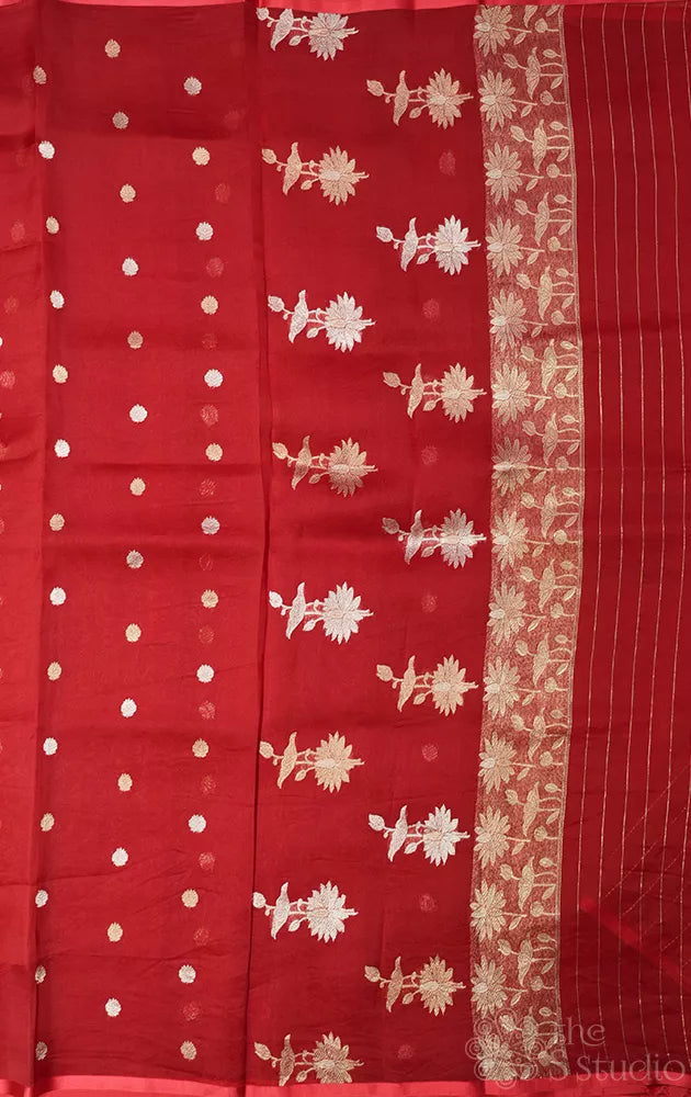 Red organza banarasi silk saree with zari buttas