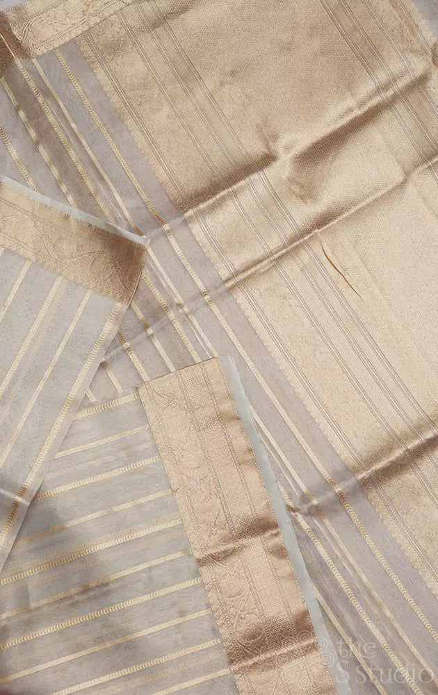 Beige golden stripes banarasi tissue silk saree