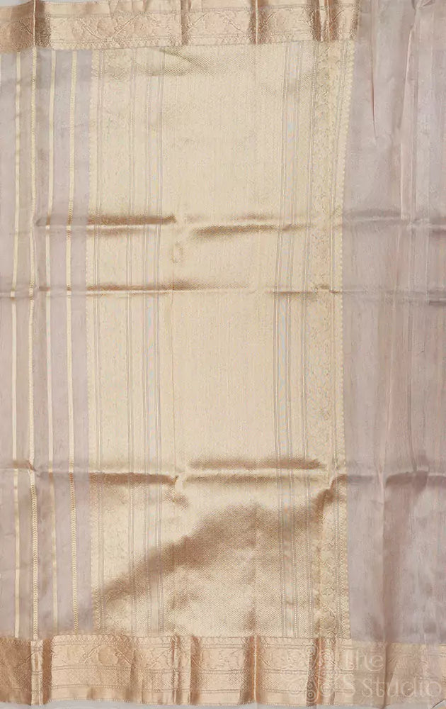 Beige golden stripes banarasi tissue silk saree