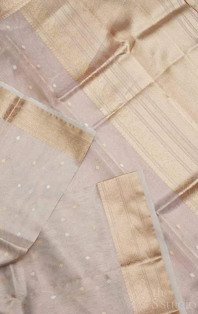 Beige and gold banarasi tissue silk saree with small zari buttas