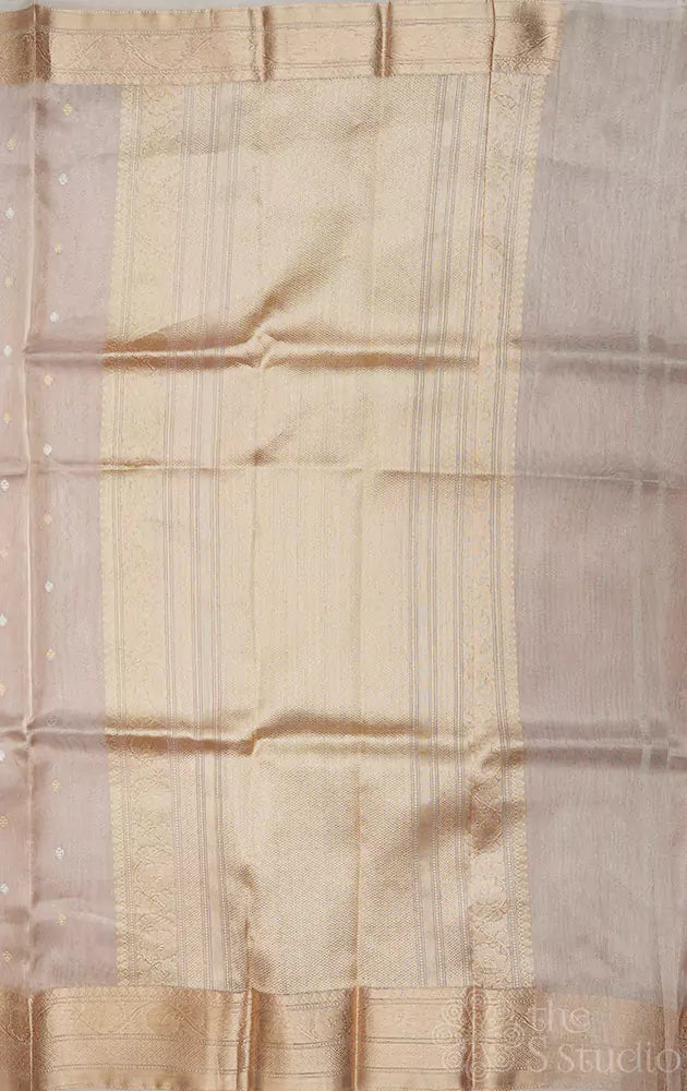 Beige and gold banarasi tissue silk saree with small zari buttas