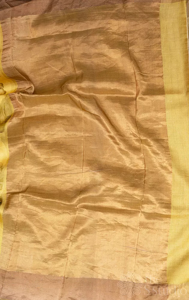 Yellow printed tussar banarasi silk saree with zari border