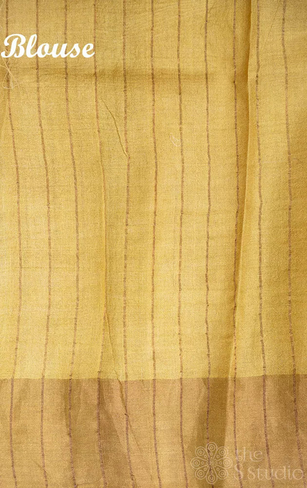 Yellow printed tussar banarasi silk saree with zari border