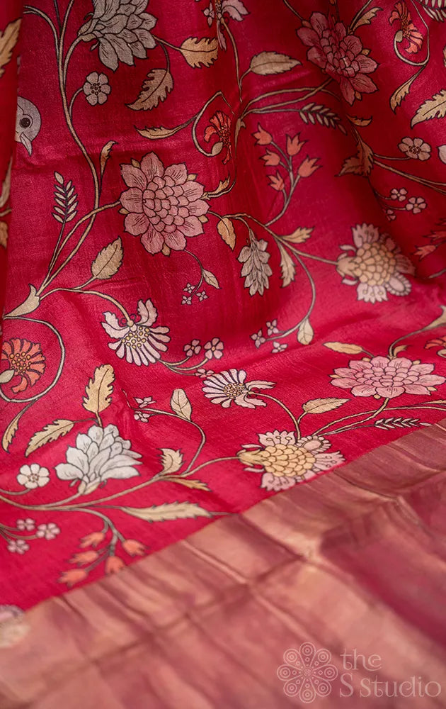 Magenta printed tussar banarasi silk saree with zari pallu