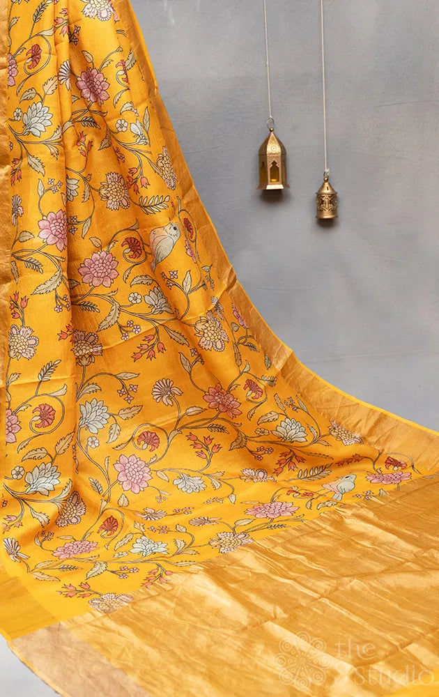 Orangish yellow printed tussar banarasi silk saree