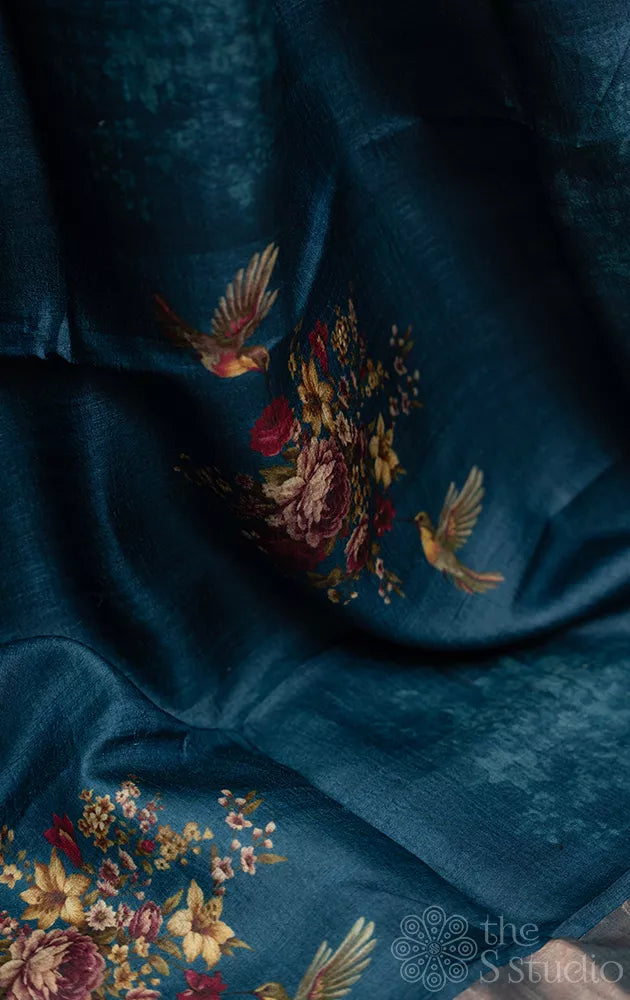 Blue tussar banarasi silk saree with floral prints