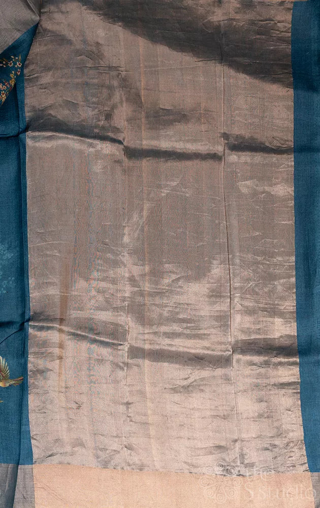 Blue tussar banarasi silk saree with floral prints