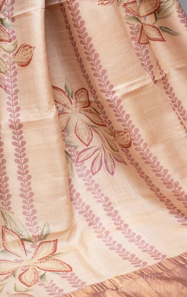 Dusty pink tussar banarasi silk saree with floral prints