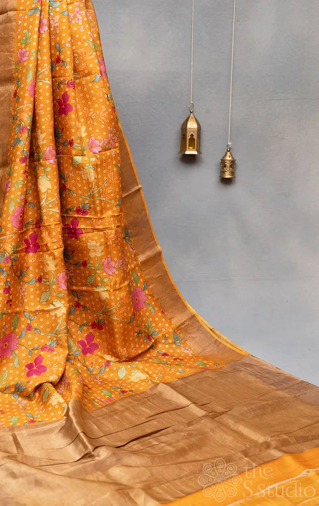 Orange tussar banarasi silk saree with bandhini prints