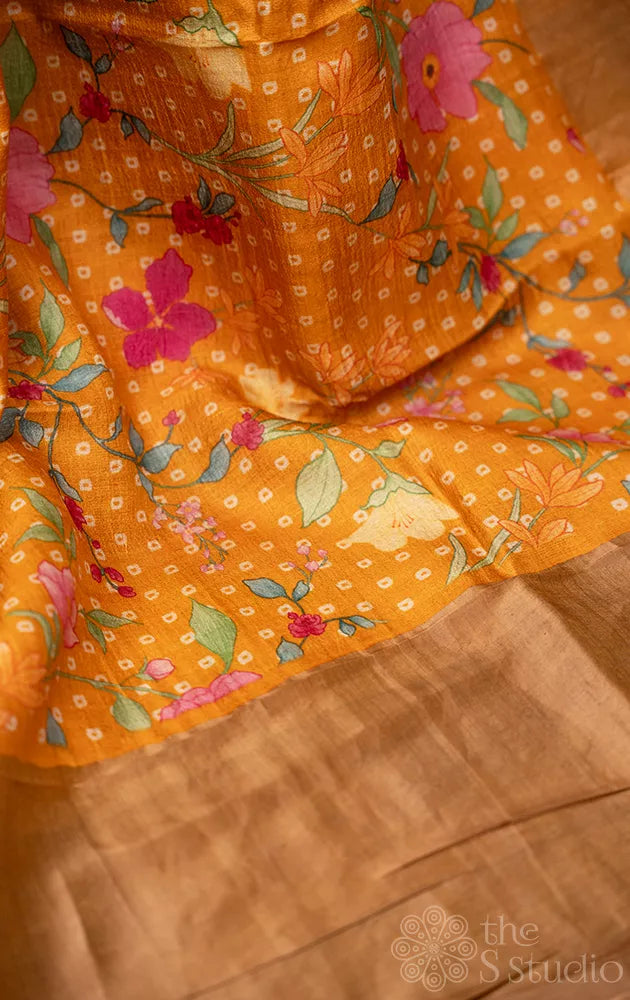 Orange tussar banarasi silk saree with bandhini prints