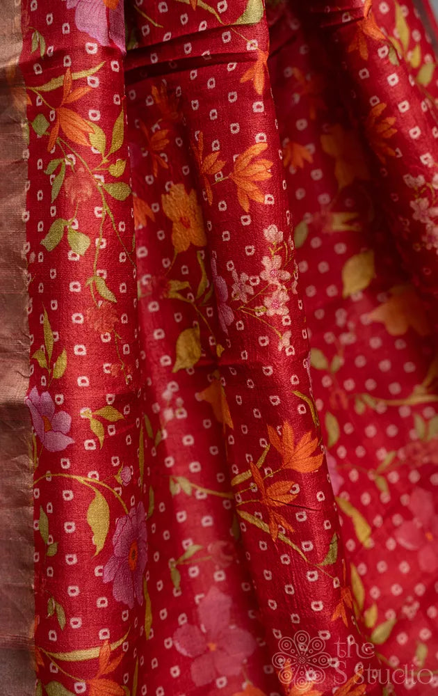 Red tussar banarasi silk saree with bandhini prints