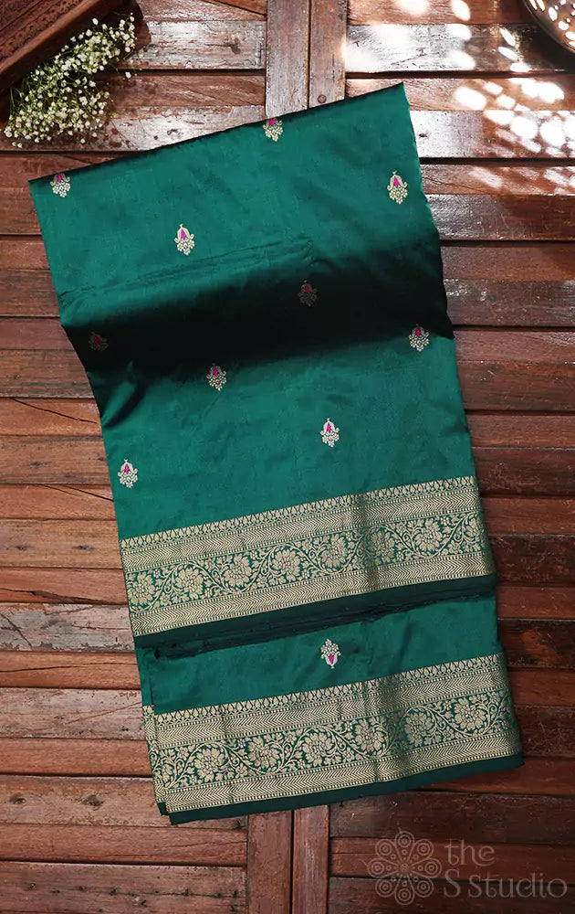 Rama green handloom banarasi katan silk saree with meena buttas