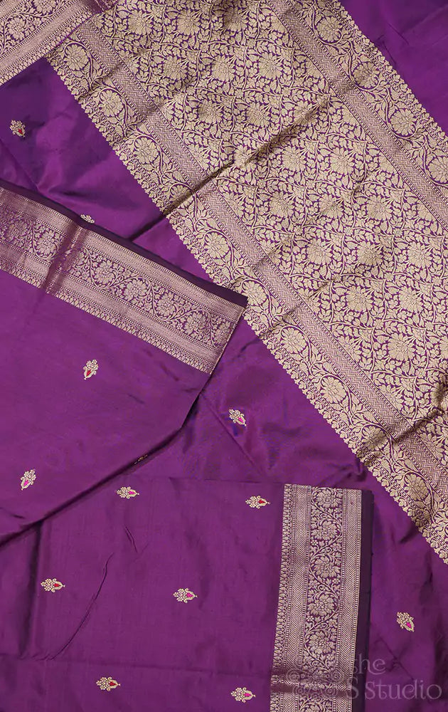 Purple handwoven banarasi katan silk saree with self border