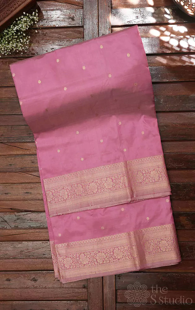 Pastel pink handloom banarasi katan silk saree with small buttas