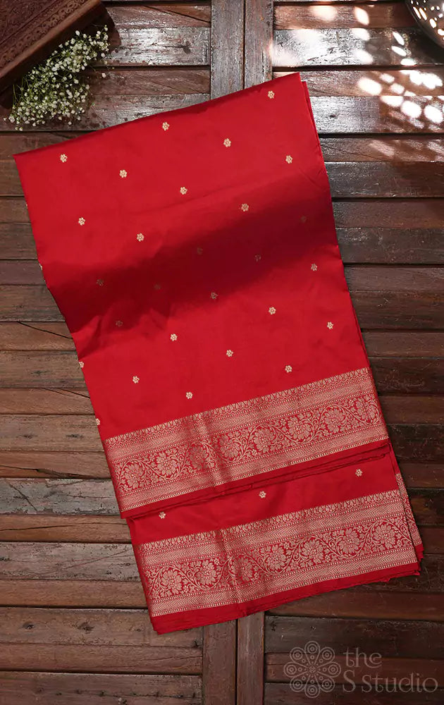 Bright red handwoven banarasi katan silk saree with small buttas
