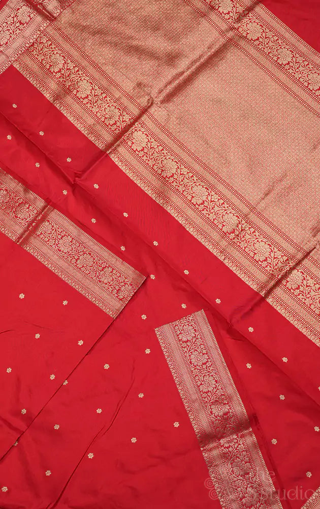 Bright red handwoven banarasi katan silk saree with small buttas